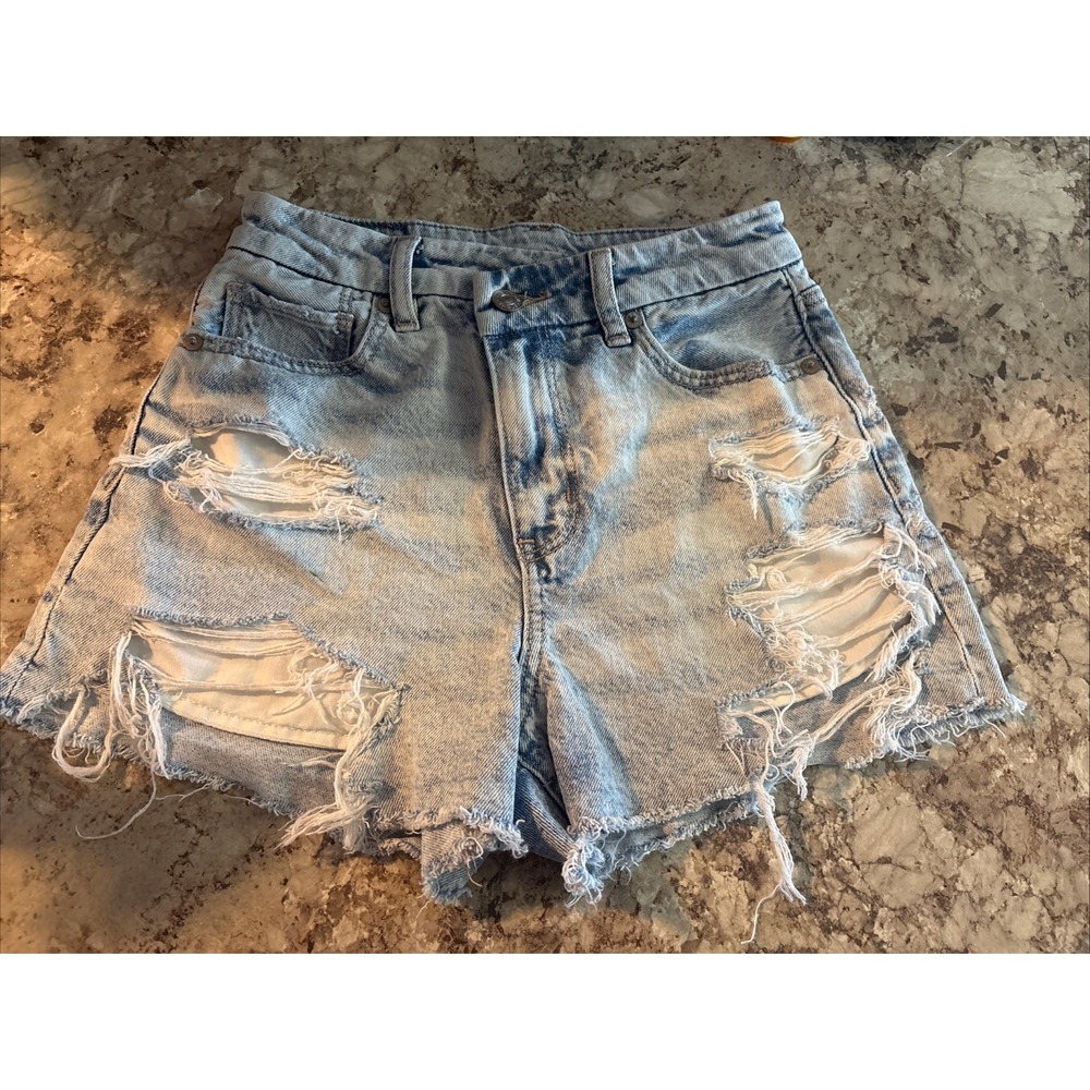 American Eagle Light Wash Denim Booty Shorts High Rise‎ Distress Sz 00 Y2K Style